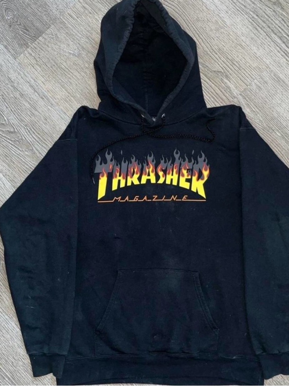 Thrasher Black Hoodie with Yellow & Red Flame Logo